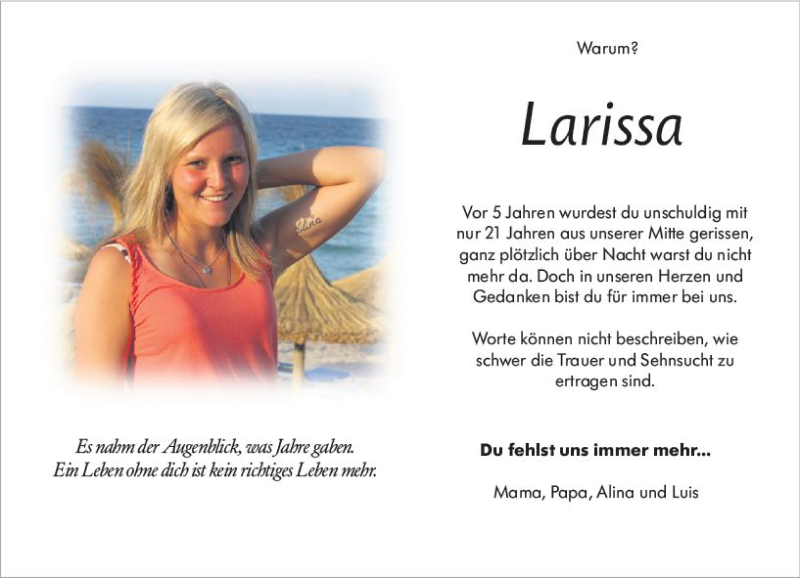  Traueranzeige für Larissa Gördel vom 08.10.2021 aus vrm-trauer