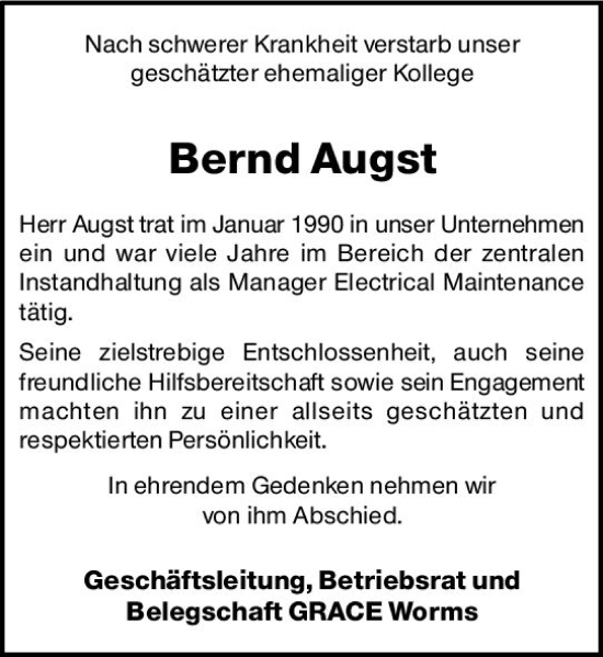 Traueranzeige von Bernd Augst von vrm-trauer Wormser Zeitung
