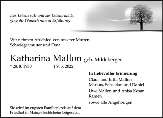 Traueranzeige von Katharina Mallon von vrm-trauer AZ Mainz