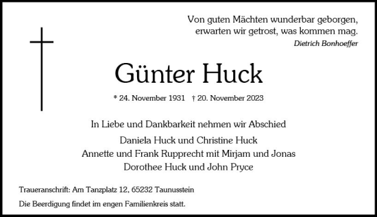 Traueranzeige von Günter Huck von Wiesbadener Kurier