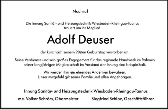 Traueranzeige von Adolf Deuser von Wiesbadener Kurier