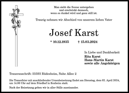 Traueranzeige von Josef Karst von Allgemeine Zeitung Bad Kreuznach