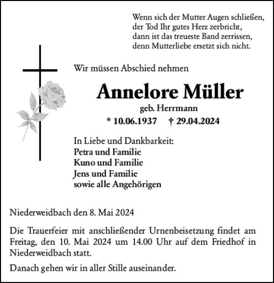 Traueranzeige von Annelore Müller von Wetzlarer Neue Zeitung